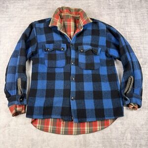 Vintage 60s Shirt Mens Medium Blue Plaid Wool Reversible Flannel Shacket Cat Eye